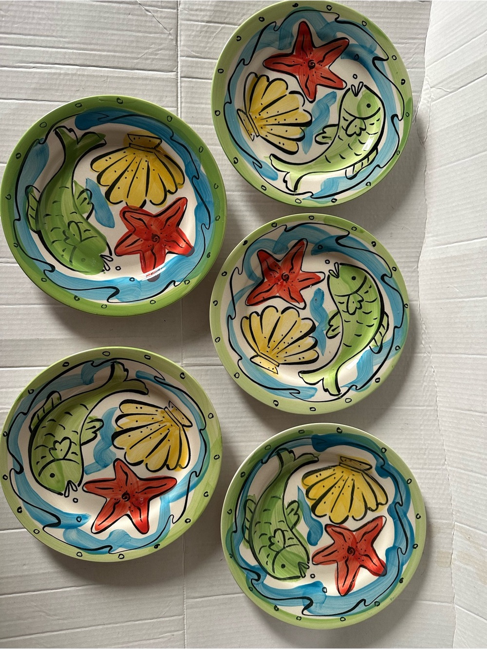 Sango Hand-Painted Coastal Fish Ceramic Plates - Green, Red, Yellow